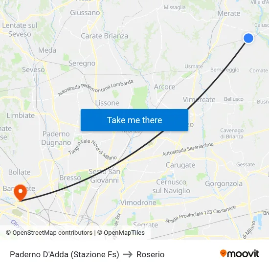 Paderno D'Adda (Railway Station) to Roserio map