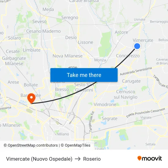 Vimercate (Nuovo Ospedale) to Roserio map