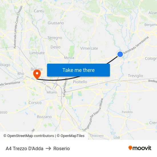 A4 Trezzo D'Adda to Roserio map