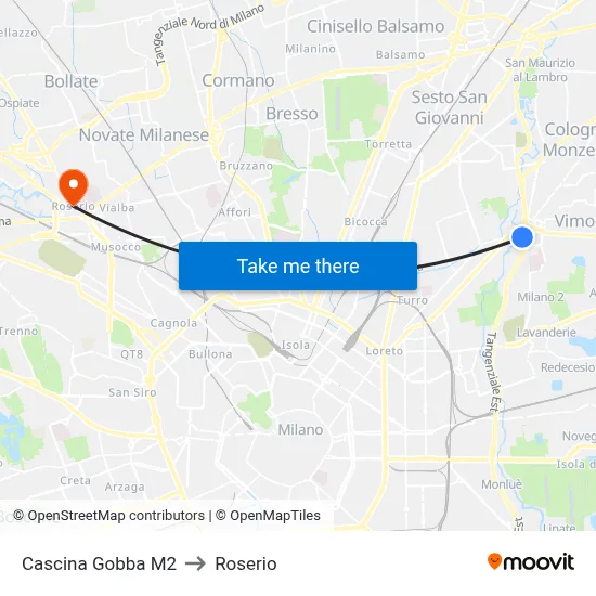 Cascina Gobba M2 to Roserio map
