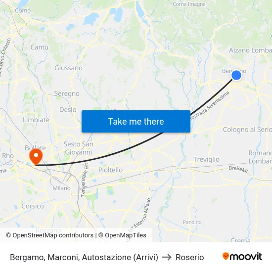 Bergamo, Marconi, Bus Station (Arrivals) to Roserio map