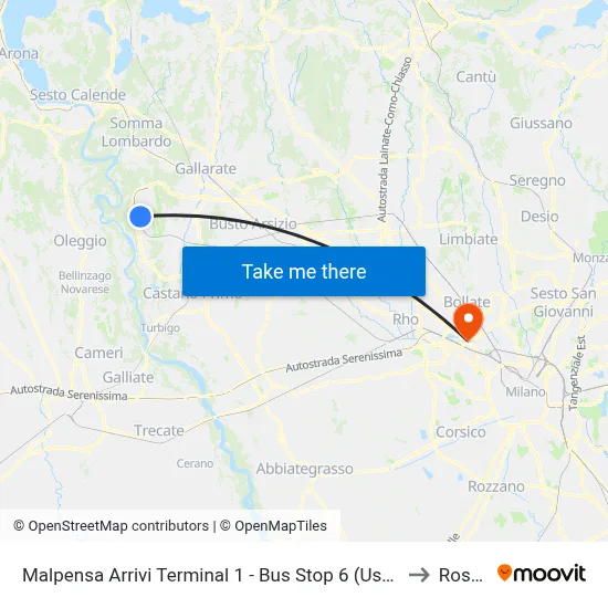Malpensa Arrivals Terminal 1 - Bus Stop 6 (Exit Doors 2/3) to Roserio map