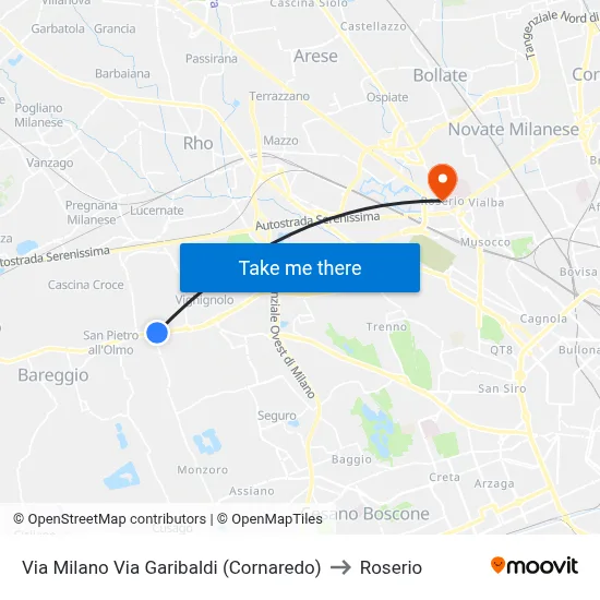 Via Milano Via Garibaldi (Cornaredo) to Roserio map