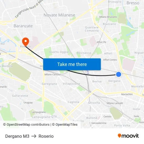 Dergano Metro Line 3 to Roserio map