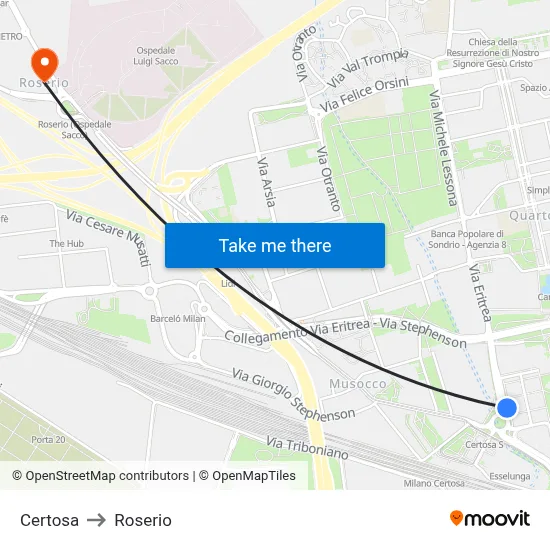 Certosa to Roserio map