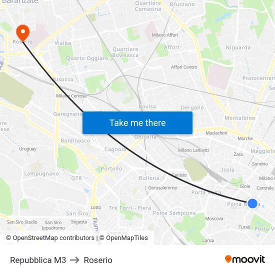 Repubblica M3 to Roserio map
