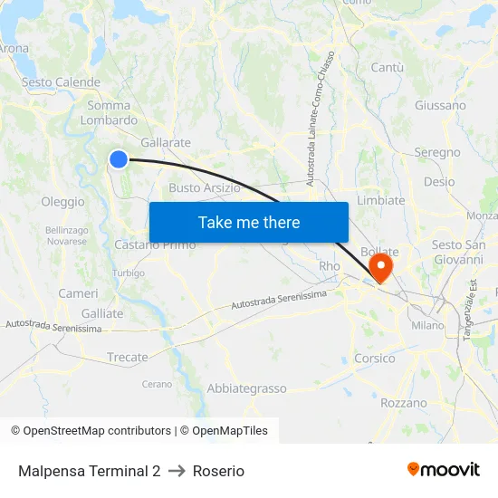 Malpensa Terminal 2 to Roserio map