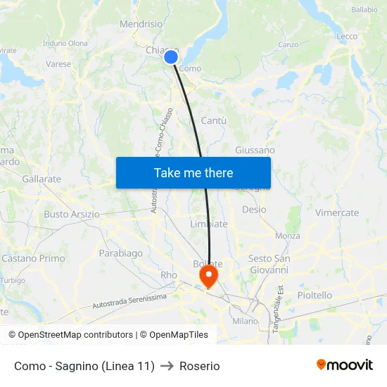 Como - Sagnino (Line 11) to Roserio map