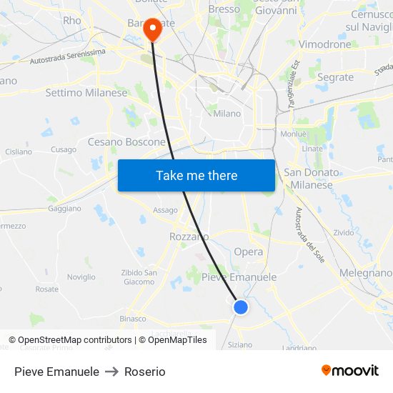 Pieve Emanuele to Roserio map