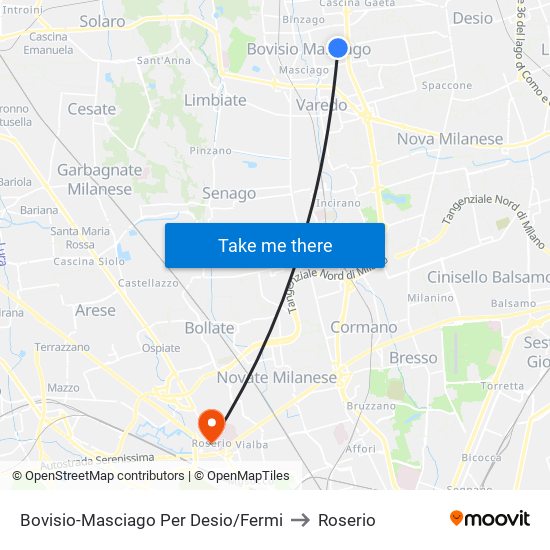 Bovisio-Masciago Per Desio/Fermi to Roserio map