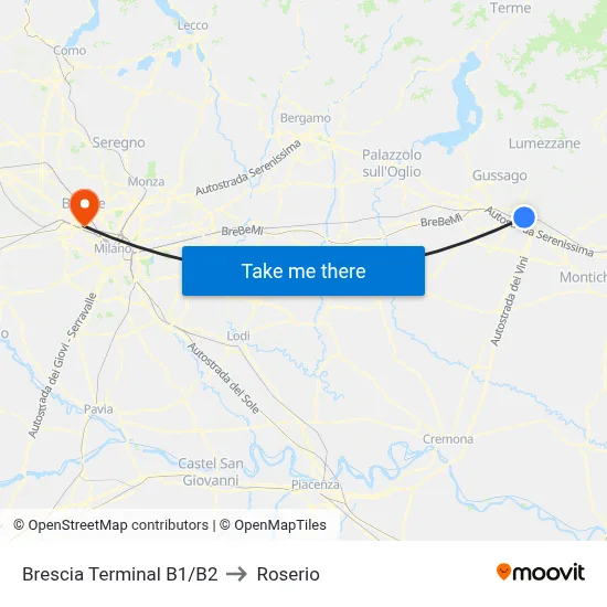 Brescia Terminal B1/B2 to Roserio map