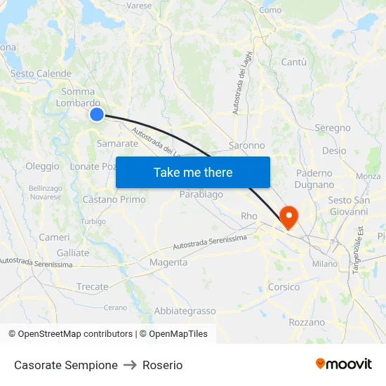 Casorate Sempione to Roserio map
