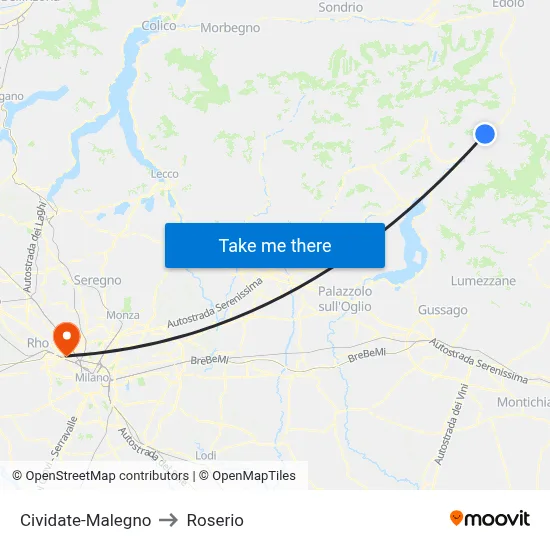 Cividate-Malegno to Roserio map