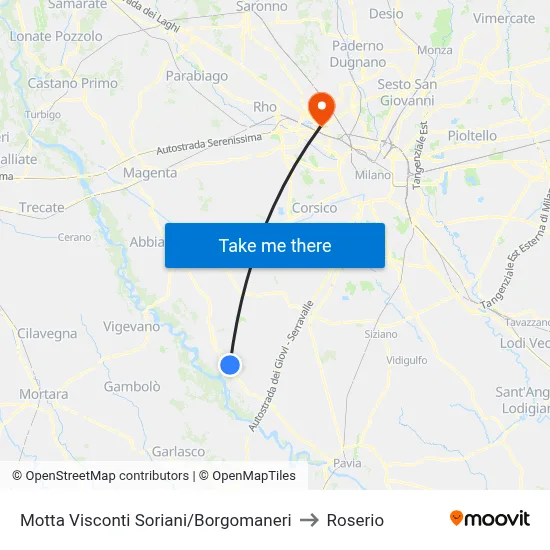 Motta Visconti Soriani/Borgomaneri to Roserio map