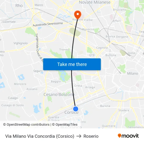 Via Milano Via Concordia (Corsico) to Roserio map