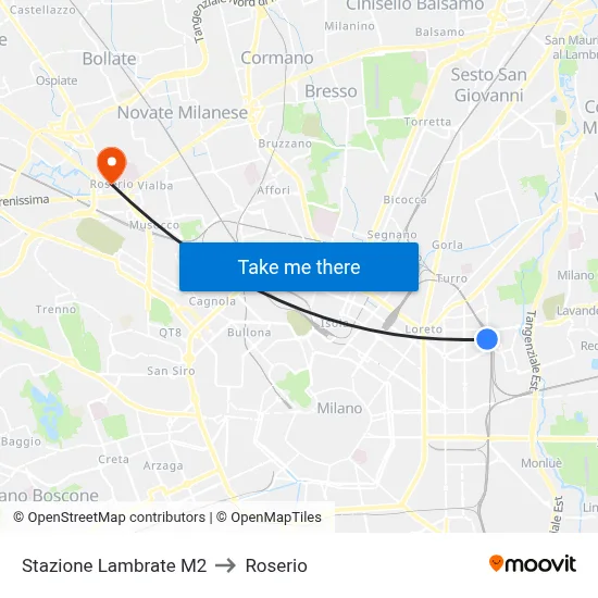 Lambrate Station M2 to Roserio map