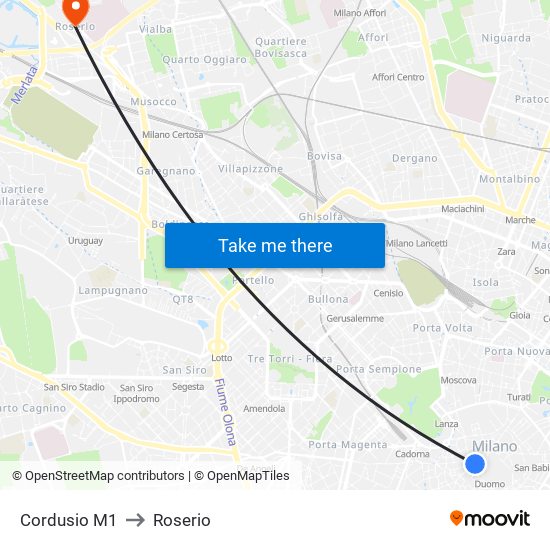 Cordusio M1 to Roserio map