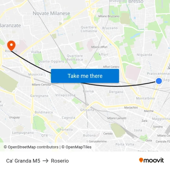 Ca' Granda M5 to Roserio map