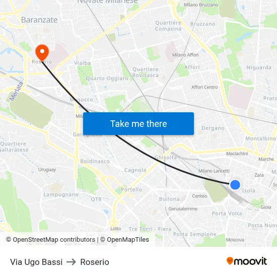 Via Ugo Bassi to Roserio map