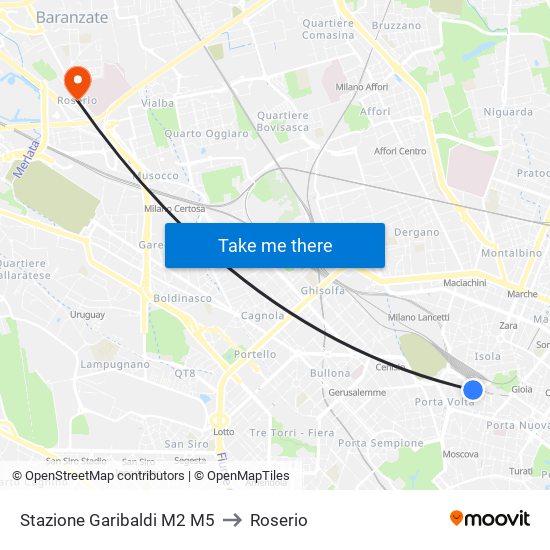 Stazione Garibaldi M2 M5 to Roserio map