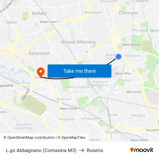 Abbagnano Square (Comasina M3) to Roserio map