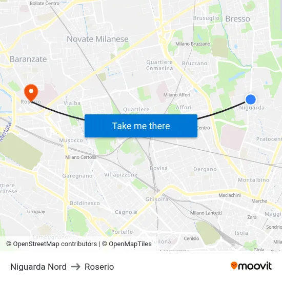 Niguarda Nord to Roserio map