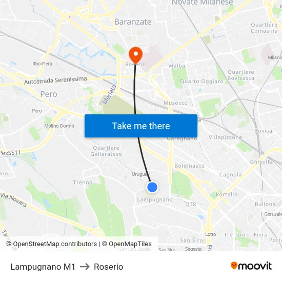 Lampugnano M1 to Roserio map