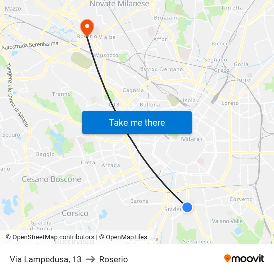 Via Lampedusa, 13 to Roserio map