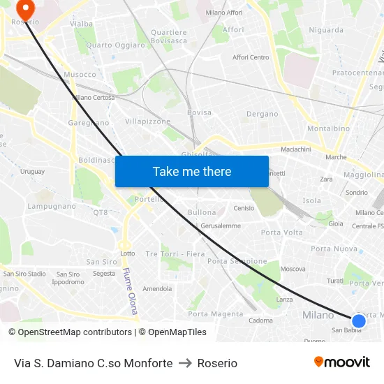 Via S. Damiano C.so Monforte to Roserio map