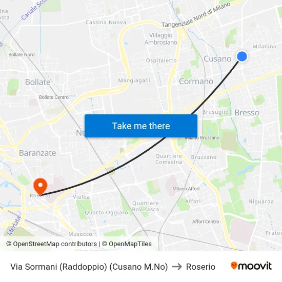 Sormani Street (Double) (Cusano M.No) to Roserio map