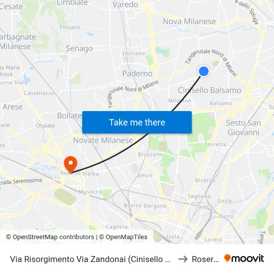 Risorgimento Street Zandonai Street (Cinisello B.) to Roserio map
