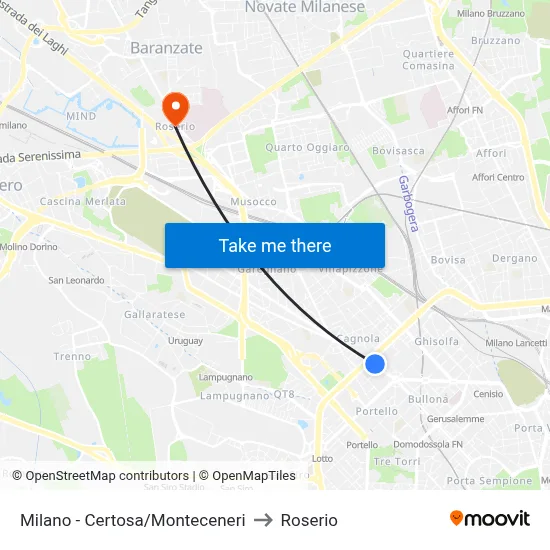 Milan - Certosa/Monteceneri to Roserio map