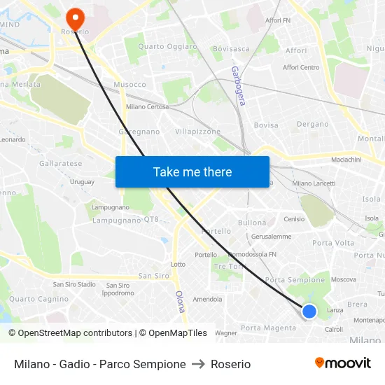 Milan - Gadio - Sempione Park to Roserio map