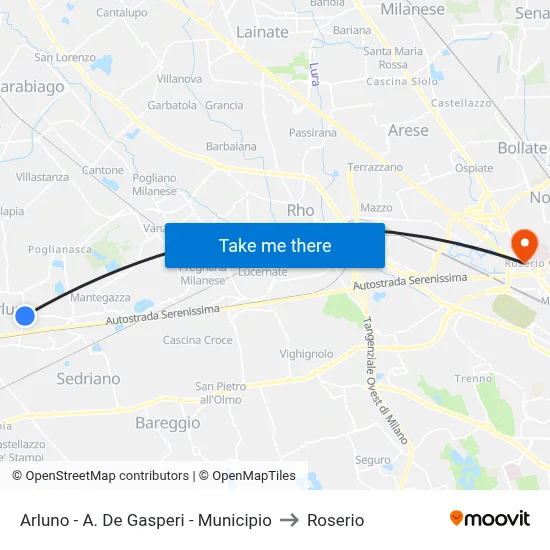 Arluno - A. De Gasperi - City Hall to Roserio map