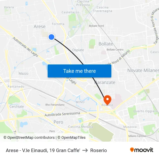 Arese - Einaudi Avenue, 19 Grand Cafe to Roserio map