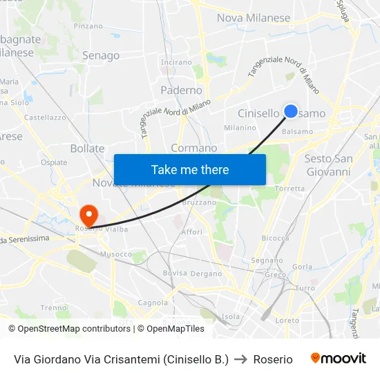 Giordano Street Chrysanthemum Street (Cinisello) to Roserio map