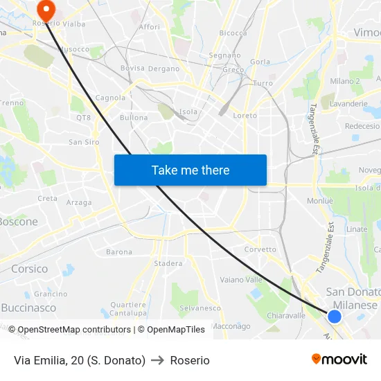 Via Emilia, 20 (S. Donato) to Roserio map