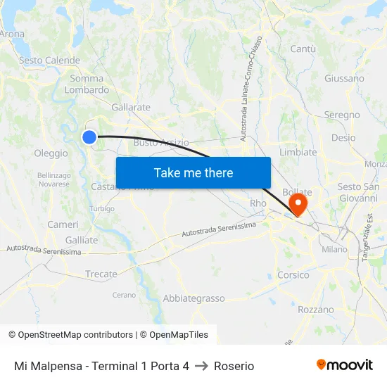 Milan Malpensa - Terminal 1 Gate 4 to Roserio map