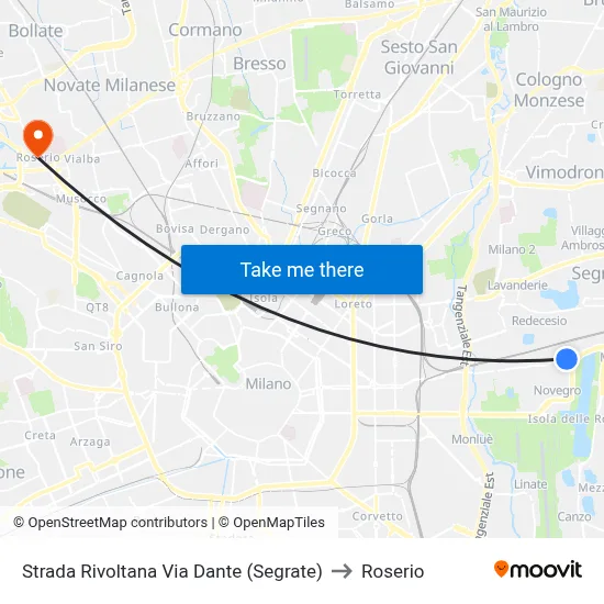 Rivoltana Road Via Dante (Segrate) to Roserio map