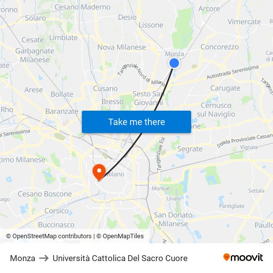 Monza to Università Cattolica Del Sacro Cuore map