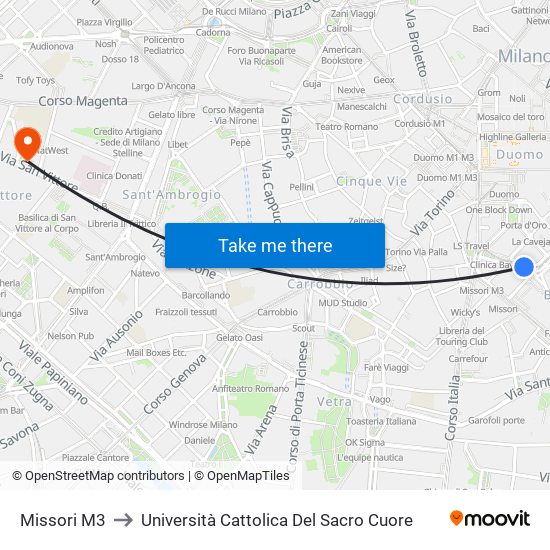 Missori M3 to Università Cattolica Del Sacro Cuore map