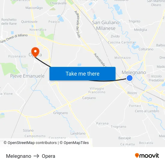 Melegnano to Opera map