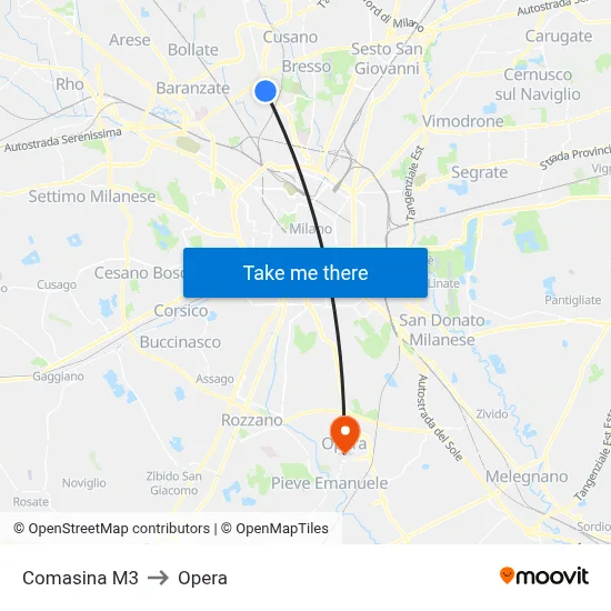 Comasina M3 to Opera map