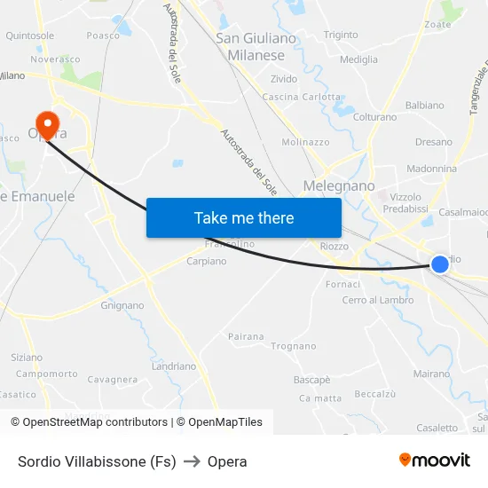 Sordio Villabissone (Fs) to Opera map