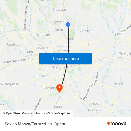 Sovico Monza/Terruzzi to Opera map