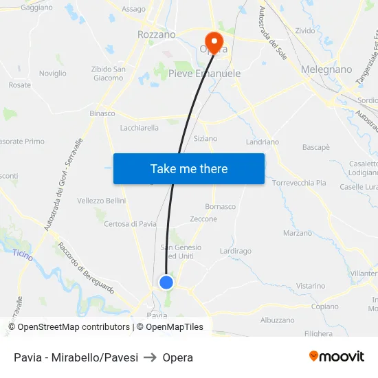 Pavia - Mirabello/Pavesi to Opera map