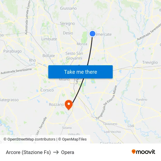 Arcore (Stazione Fs) to Opera map