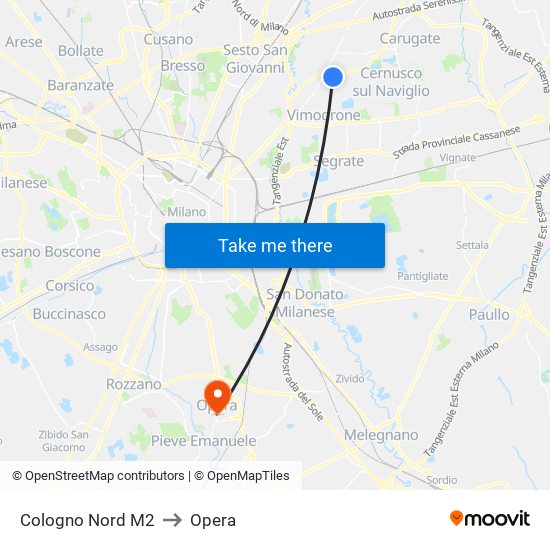 Cologno Nord M2 to Opera map