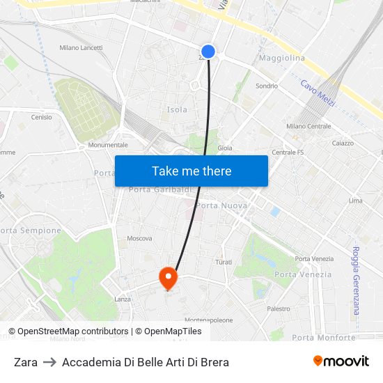 Zara to Accademia Di Belle Arti Di Brera map