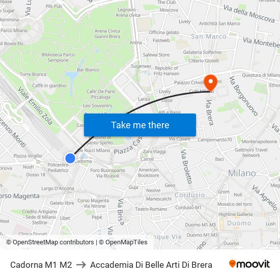 Cadorna M1 M2 to Accademia Di Belle Arti Di Brera map